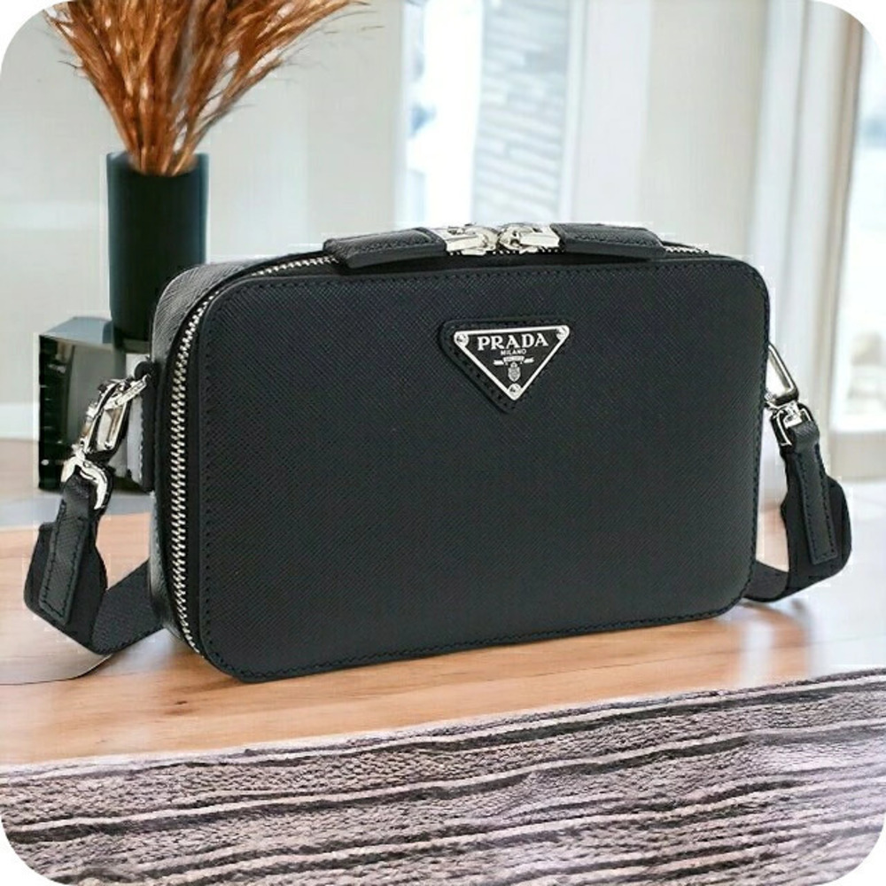 Prada Saffiano Travel Leather Crossbody Bag Nero Black